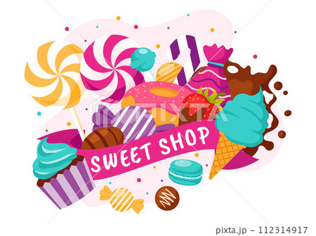 Sweet Shop Vector Illustration with Selling Various Bakery Products, Cupcake, Cake, Pastry or Candy in Flat Cartoon Background Design 112314917