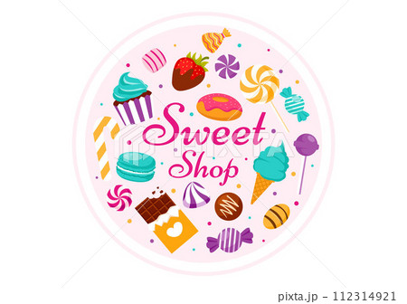 Sweet Shop Vector Illustration with Selling Various Bakery Products, Cupcake, Cake, Pastry or Candy in Flat Cartoon Background Design Sweet Shop Vector Illustration with Selling Various Bakery Products, Cupcake, Cake, Pastry or Candy in Flat Cartoon Background Design 112314921