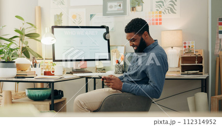 Business, office and black man with smartphone, typing and computer screen with graphic designer, social media and network. African person, employee or worker with a cellphone, mobile app or internet Business, office and black man with smartphone, typing and computer screen with graphic designer, social media and network. African person, employee or worker with a cellphone, mobile app or internet 112314952