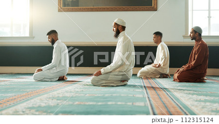 Islamic, praying and holy men in a Mosque for spiritual religion together as a group to worship Allah in Ramadan. Muslim, Arabic and people with peace or respect for gratitude, trust and hope Islamic, praying and holy men in a Mosque for spiritual religion together as a group to worship Allah in Ramadan. Muslim, Arabic and people with peace or respect for gratitude, trust and hope 112315124