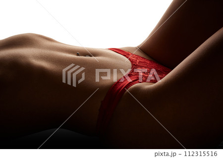 Art nude. Naked body, sexy girl red panties on white background Art nude. Naked body, sexy girl red panties on white background 112315516