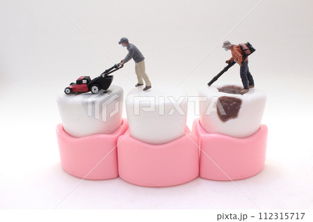 miniature workers clean and correct the tooth model 112315717