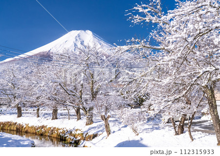 《山梨県》冬の富士山・雪景色の忍野村新名庄川 112315933