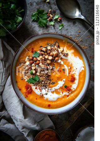 Velvety pumpkin soup garnished with seeds and herbs, ideal for culinary publications. AI Generated. 112316640