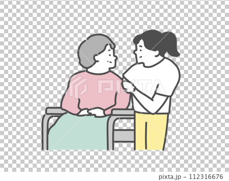 女性介護士と車椅子に乗った高齢女性 女性介護士と車椅子に乗った高齢女性 112316676