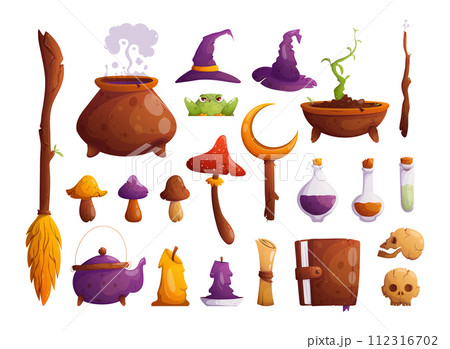 Set of cartoon items for magic and witchcraft.. A cauldron with a potion, a magic wand and a broom, mushrooms, candles, a book of spells, skulls and witch hats, a toad and a sprout of a witch's plant. 112316702