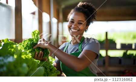A young woman wearing a green apron is harvesting lettuce in a g 112316862