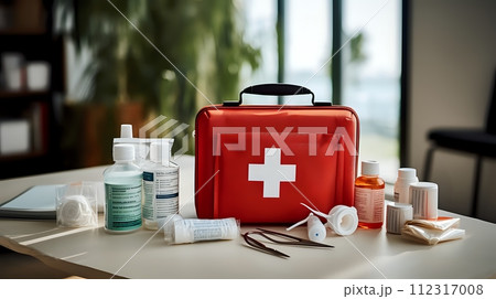 A red first aid kit is sitting on a table. It is open, and ther A red first aid kit is sitting on a table. It is open, and ther 112317008