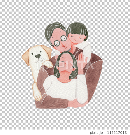 Watercolor illustration of a family of close friends, children, and dog 112317018