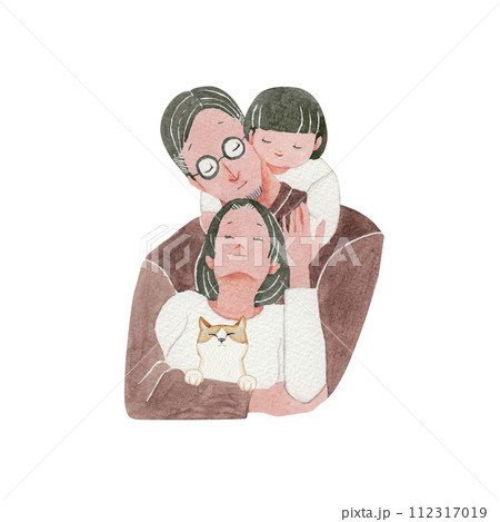 仲良し夫婦と子どもと猫の家族　水彩 イラスト  112317019