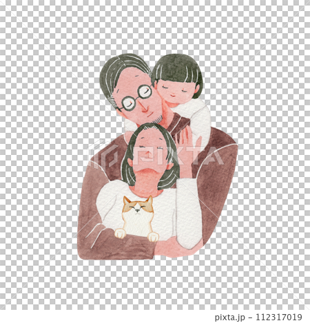 仲良し夫婦と子どもと猫の家族　水彩 イラスト  112317019