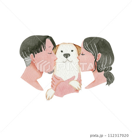 カップルと犬のイラストアート 仲良しカップルと犬の家族 水彩 イラスト のイラスト素材 [112317020