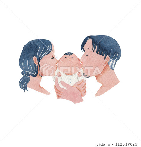 仲良し夫婦と赤ちゃんの家族　水彩 イラスト  112317025