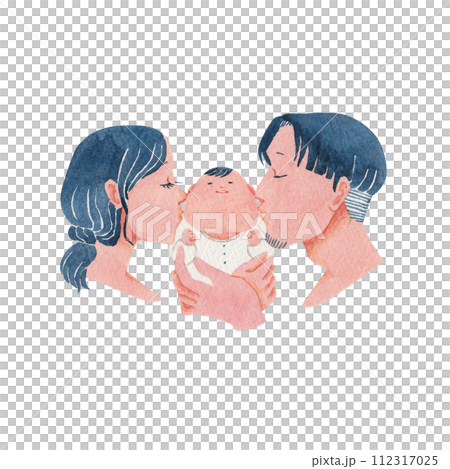 仲良し夫婦と赤ちゃんの家族　水彩 イラスト  112317025