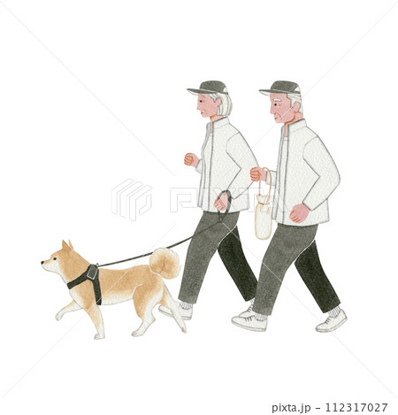 ウォーキング散歩しているシニア老夫婦と柴犬　水彩 イラスト  112317027