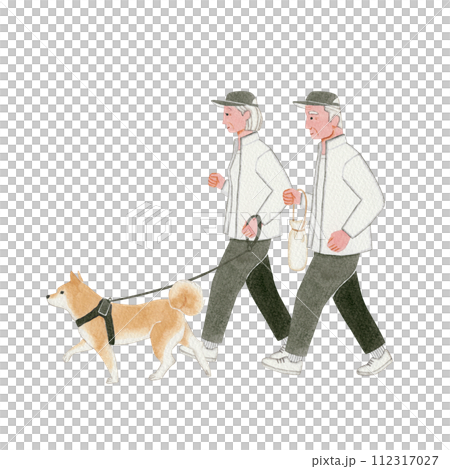 ウォーキング散歩しているシニア老夫婦と柴犬　水彩 イラスト  112317027