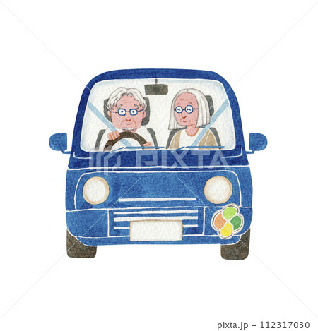 ドライブ運転しているシニア老夫婦　水彩 イラスト  112317030