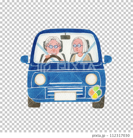 ドライブ運転しているシニア老夫婦　水彩 イラスト  112317030