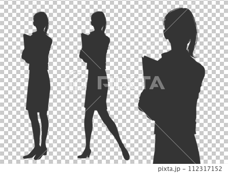 一位女辦公室女士的剪影,站立文件,全身插圖集和上半身前視圖 一位女辦公室女士的剪影,站立文件,全身插圖集和上半身前視圖 112317152