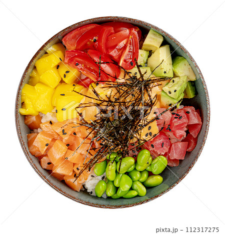 Portion of poke bowl with fish and veggies Portion of poke bowl with fish and veggies 112317275