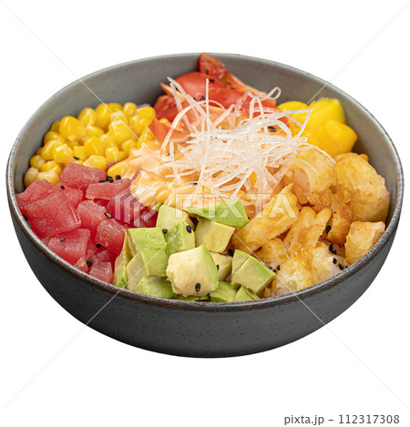Portion of poke bowl with veggies 112317308