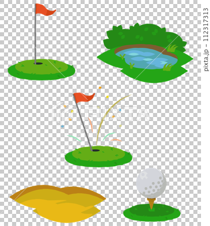 Golf course set including golf ball, pond, bunker etc. Golf course set including golf ball, pond, bunker etc. 112317313
