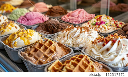 Step into the world of sweet indulgence at the ice-cream shop, where waffle cones await to be filled with delightful flavors, Ai Generated 112317372