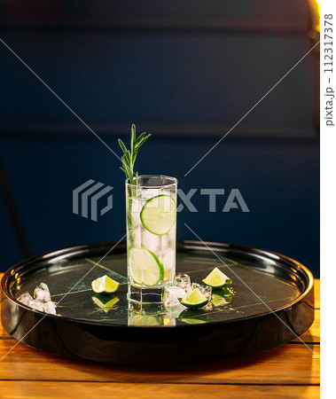 Fresh gin tonic cocktail with rosemary and lime Fresh gin tonic cocktail with rosemary and lime 112317378