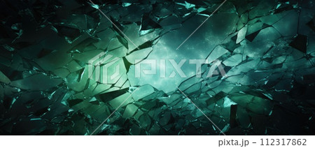 Captivating abstract texture featuring green colored cracked and damaged glass, creating a unique and textured background, Ai Generated. 112317862
