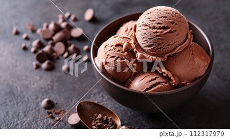 Decadent Homemade Chocolate Ice Cream Balls in a Bowl, Dotted with Fresh Chocolate Chips, Ai Generated Decadent Homemade Chocolate Ice Cream Balls in a Bowl, Dotted with Fresh Chocolate Chips, Ai Generated 112317979