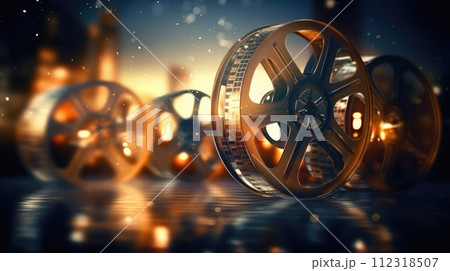 Old cinema film reels in focus against a softly blurred bokeh backdrop, Ai Generated 112318507