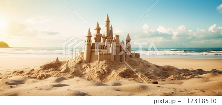A sandcastle sculpture stands proudly on the beach during a summer vacation, Ai Generated. 112318510
