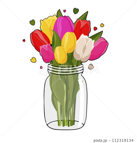 Spring bouquet with pink, red, white and yellow tulips in glass jar. Vector flowers for design 112319134