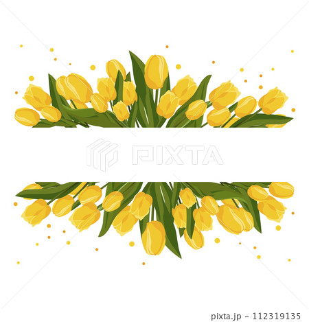 Spring rectangular frame with yellow tulips for text. Vector template with flowers for design, banner 112319135