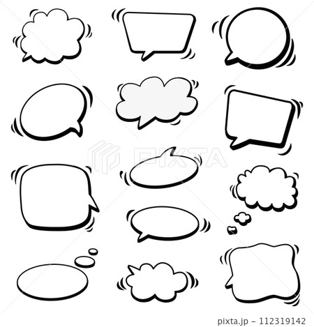 Vector set of speech bubbles for words. Hand drawn doodle. Isolated dialogue sketch for design. 112319142