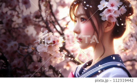 希望を抱く女性　桜と女性 112319442
