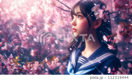 希望を抱く女性　桜と女性 112319444