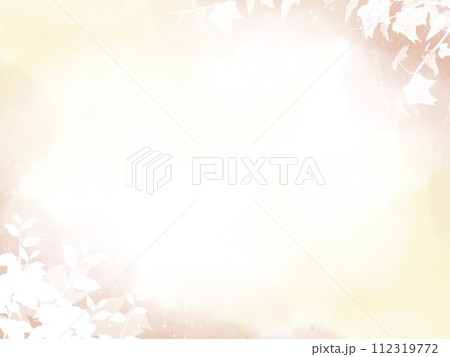ピンクと緑の水彩風背景に葉っぱの白いシルエットがおしゃれなイラスト素材 112319772