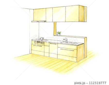 対面キッチンの水彩スケッチイラスト 112319777