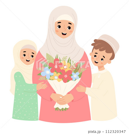 Happy islamic family. Cute muslim woman mother in hijab with her children son and daughter with bouquet of flowers. Vector illustration flat cartoon style. Festive happy ethnic characters. 112320347