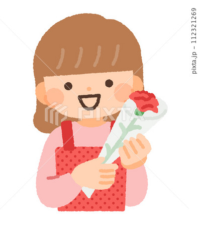 カーネーションを持つエプロン姿の女性のイラスト素材 112321269