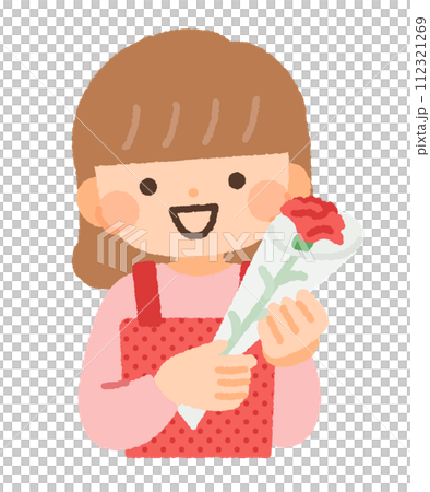 カーネーションを持つエプロン姿の女性のイラスト素材 112321269