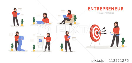 Set of female entrepreneurs. Successful arabian women in various scenes. Modern office worker or business expert. Vector illustration in flat cartoon style Set of female entrepreneurs. Successful arabian women in various scenes. Modern office worker or business expert. Vector illustration in flat cartoon style 112321276