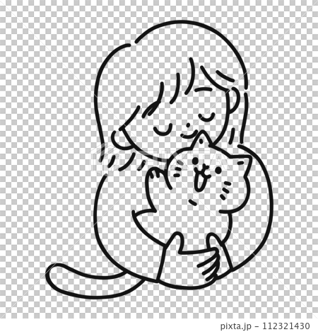 猫を抱っこして癒されている女性・線画 猫を抱っこして癒されている女性・線画 112321430