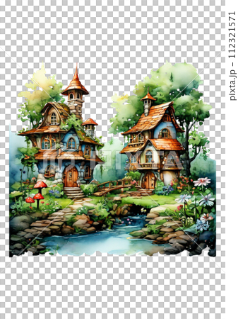 Watercolor illustration of a fairy tale house in the forest. Digital painting. 112321571