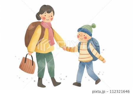 お出かけする母と子 112321646
