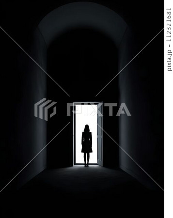 ドアを開けて出ていく遠景シルエット ドアを開けて出ていく遠景シルエット 112321681
