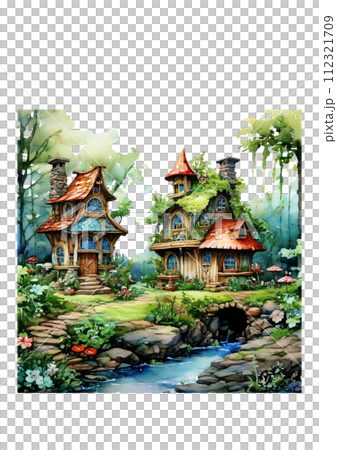 Watercolor illustration of a fairy tale house in the forest. Hand-drawn illustration 112321709