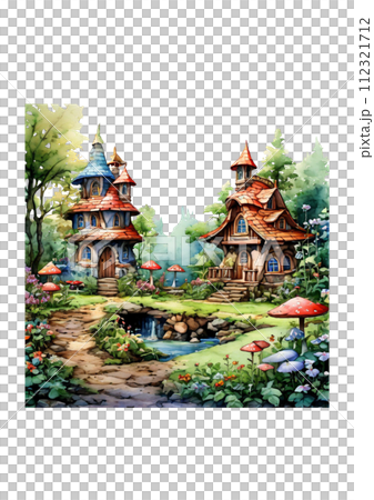 Watercolor illustration of a fairy tale house in the forest. Hand-drawn illustration 112321712