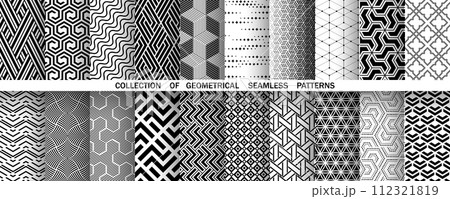 Geometric set of seamless black and white patterns. Simple vector graphics Geometric set of seamless black and white patterns. Simple vector graphics 112321819